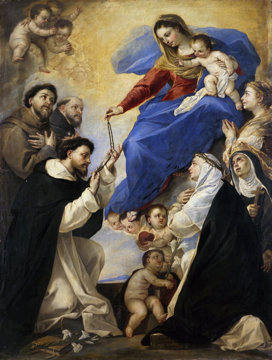 Our Lady of the Rosary, by Luca Giordano — Mary handing the Rosary to Saint Dominic